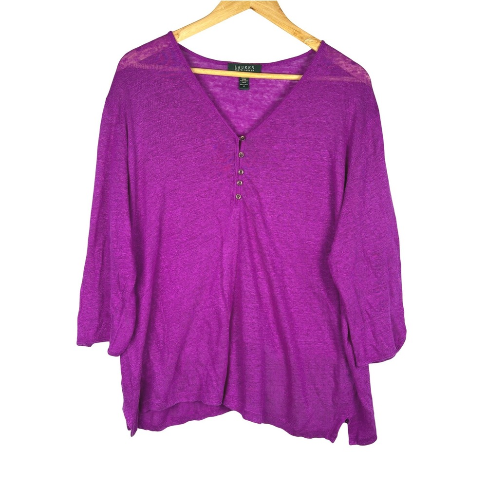 Lauren Ralph Lauren Women 3/4 Sleeve Henley Top 2X Purple Linen Beach Breathable